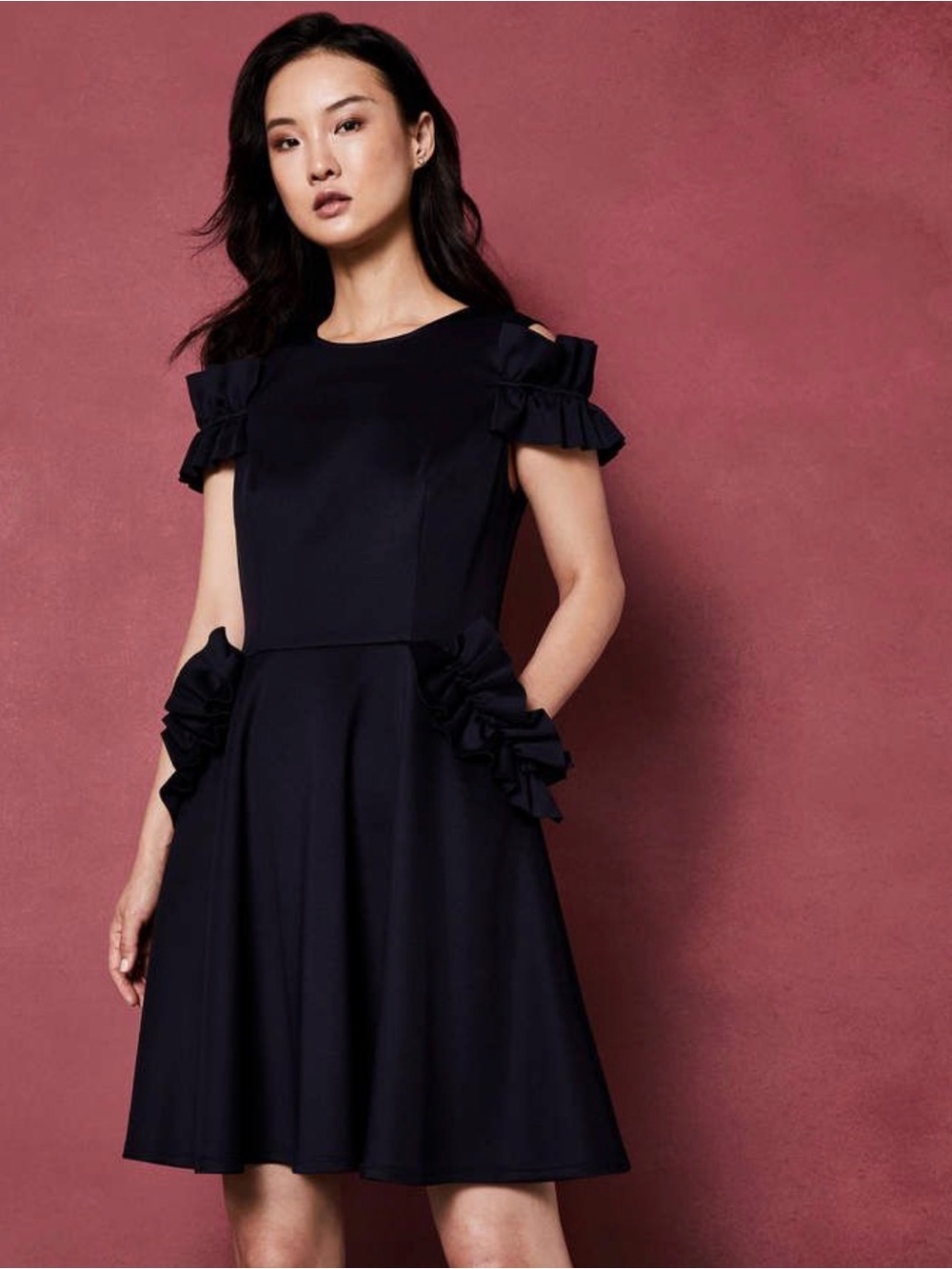 TED BAKER DENEESE WOMEN COLD SHOULDER FIT FLARE SKATER DRESS NAVY BLUE SIZE 6